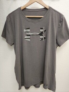Womens Under Armour Gray Striped Logo Short Sleeve Tee Large